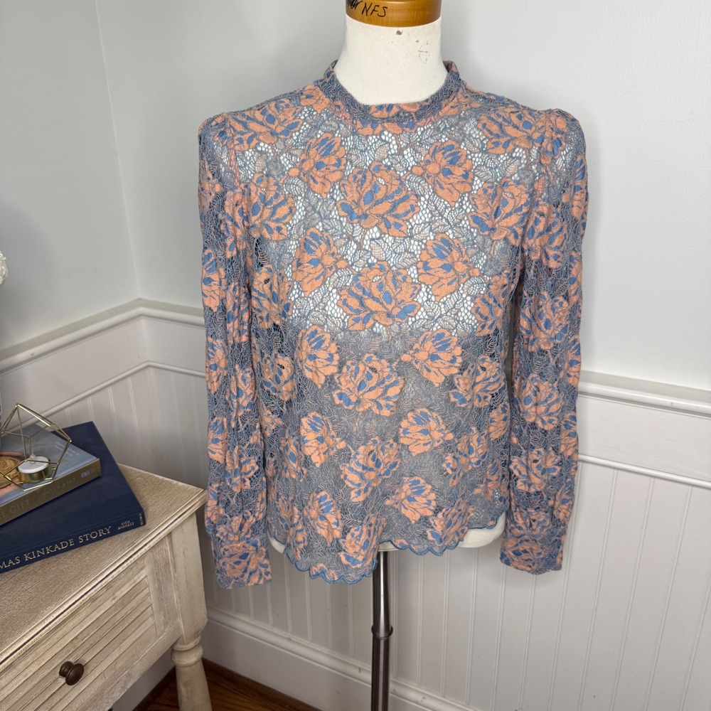 LOFT Womens Blue Peach Floral Lace Mock Neck Long Sleeve Blouse Small
